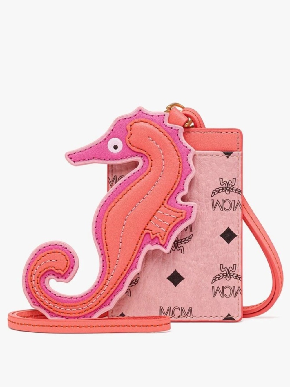 MCM Aren Lanyard Card Case With Seahorse Charm in Pink Visetos Bag Charm Key NWT